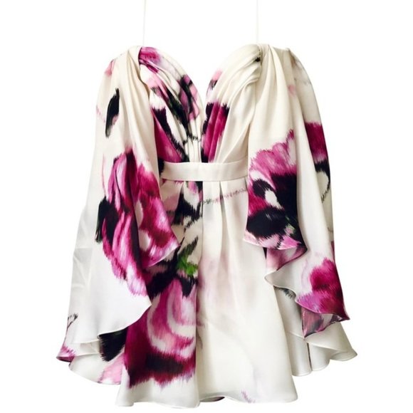 CAROLINA HERRERA Off The Shoulder Cape Effect Floral Print Silk Organza Dress